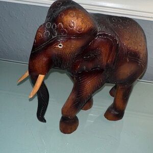 Hand-Carved Brown Wooden Elephant Statue - Decorative Home Art